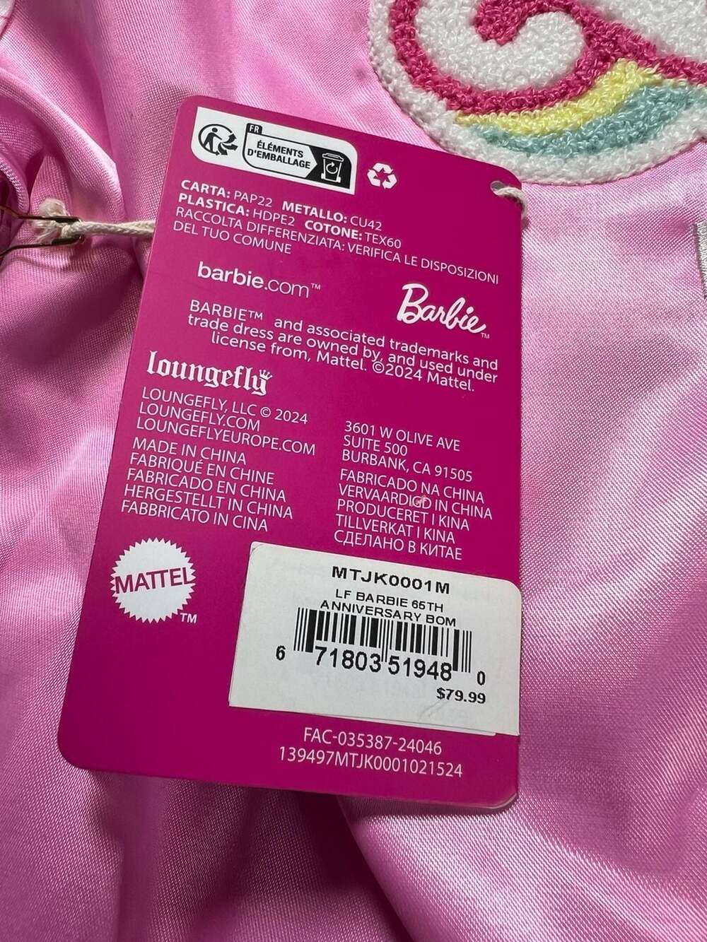 Loungefly Barbie 65th Anniversary Satin Varsity Bomber Jacket Size Medium - Picture 11 of 12